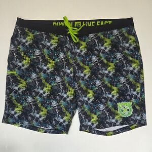 Dixxon Board Shorts Mens 46 Black‎ Green Live Fast Hot Rod Dice Swim Trunks Surf